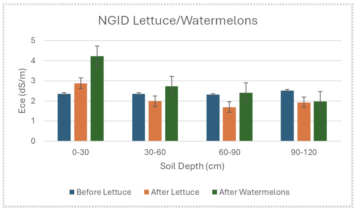 Figure 2. Surface soil salinity increases to both lettuce and watermelon crop grown in rotational sequence.