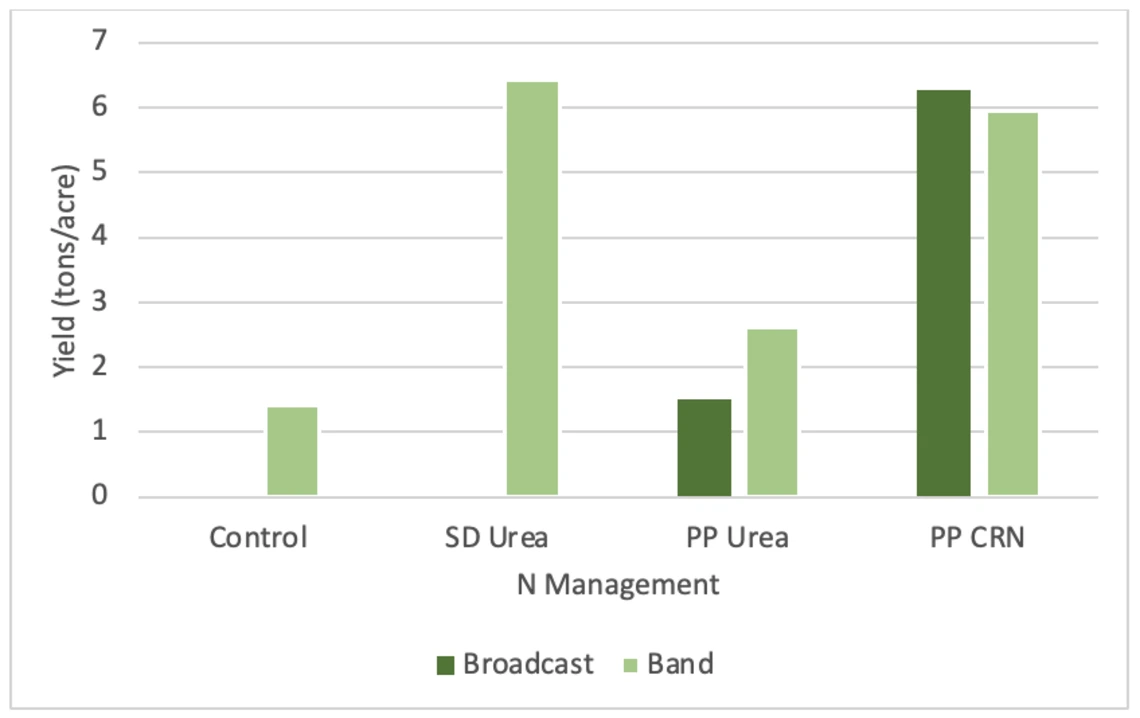 Figure 4-5-4. Response of furrow-irrigated broccoli to N management on sandy loam soil Note: Pre-plant (PP) CRN was superior to soluble urea applied preplant (PP) but not to split side-dress (SD) application of urea. Control is no N fertilizer.