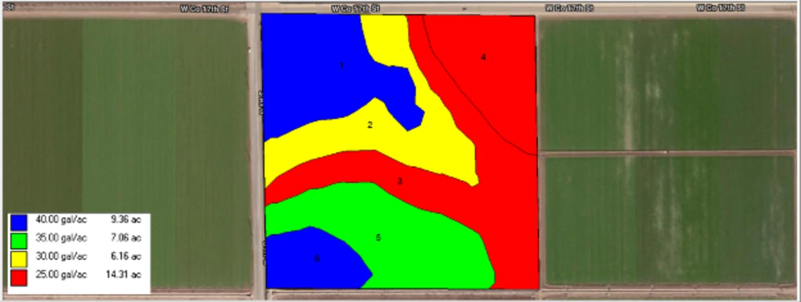 Figure 4-7-3. Map showing variable rate soil nitrate-N application recommendations based on composite soil samples collected from each N management zone. Note: the N fertilizer considered in this study is urea ammonium nitrate (UAN-32).