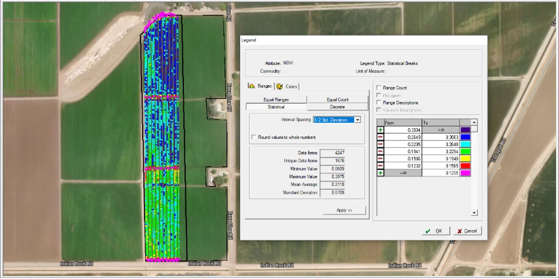 Figure 4-7-5. Spatial distribution of NDVI derived from real time spectral imagery can potentially be used in developing N fertilizer application rate adjustments.